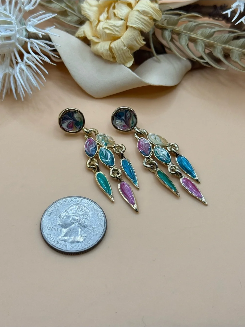 Vintage Colorful Enamel Dangle Chandelier Earrings Gold Tone Abstract Multicolor